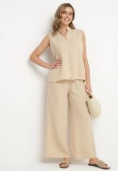 Beżowy Komplet Koszula bez Rękawów i Szerokie Spodnie z Gumką w Pasie Telanwena. Brązowe koszule Born2be, xl, bez wzorów, eleganckie, bez kołnierzyka, bez ramiączek. Za 119.99 zł.