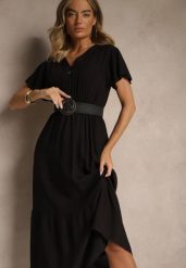 Czarna Rozkloszowana Sukienka z Bawełny Zdobiona Guzikami Folennea. Czarne sukienki Renee, na co dzień, l, z aplikacjami, z bawełny, eleganckie, bez kołnierzyka, bez ramiączek, midi, rozkloszowane. W wyprzedaży za 63.99 zł.