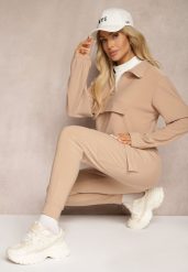 Ciemnobeżowy Komplet Dresowy Bluza z Suwakiem i Kołnierzem i Spodnie z Kieszeniami Cargo Taigena. Brązowe bluzy Renee, m, bez wzorów, z dresówki, bez ramiączek, bez kaptura. W wyprzedaży za 67.99 zł.