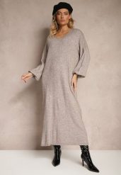Beżowa Pudełkowa Sukienka Sweterkowa z Wiskozą ze Ściągaczami Besizia. Brązowe sukienki Renee, na co dzień, s, bez wzorów, z wiskozy, eleganckie, bez kołnierzyka, bez ramiączek, maxi, proste. W wyprzedaży za 111.99 zł.