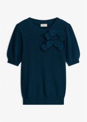 Sweter z aplikacją w kształcie kokardy. Niebieskie swetry bonprix, z aplikacjami, bez ramiączek. Za 109.99 zł.