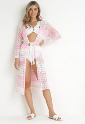 Różowy Ażurowy Kardigan Narzutka z Materiałowym Paskiem Jacqis. Czerwone swetry Born2be, w ażurowe wzory, z materiału, boho, bez ramiączek. Za 189.99 zł.