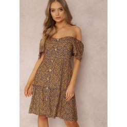 Granatowo-Żółta Sukienka Evosa. Niebieskie sukienki Renee, m, z aplikacjami, z tkaniny, bez kołnierzyka, bez ramiączek, mini. W wyprzedaży za 59.99 zł.