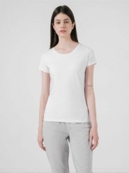 4F T-shirt slim gładki damski XS. Białe t-shirty sportowe 4f, uniwersalny, bez wzorów, z bawełny, bez ramiączek, na fitness i siłownię. W wyprzedaży za 39.99 zł.