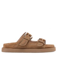 Klapki Eva Minge. Brązowe klapki Eva Minge, bez wzorów, bez obcasa, bez zapięcia. Za 399.99 zł.