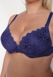 Granatowy Koronkowy Biustonosz Typu Push-Up Chrisalia. Niebieskie biustonosze Renee, bez wzorów, z koronki. W wyprzedaży za 39.99 zł.