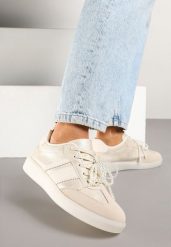 Beżowe Sneakersy Typu Kultowe Tenisówki ze Zdobieniem z Perłami Nalavia. Brązowe trampki Renee, z aplikacjami, z jeansu, eleganckie, bez zapięcia. W wyprzedaży za 67.99 zł.
