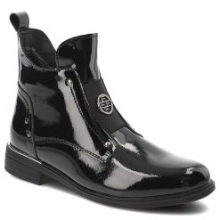 Czarne Botki Filippo Lakierowane Obuwie Damskie. Czarne botki Filippo, bez wzorów, z lakierowanej skóry, eleganckie, bez obcasa, na obcasie, bez zapięcia. Za 199.00 zł.