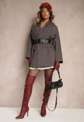 Szara Oversizowa Marynarka z Klapami i Dwurzędowym Zapięciem Sinthelis. Szare marynarki i żakiety Renee, z aplikacjami, eleganckie, bez ramiączek. Za 119.99 zł.
