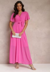 Fuksjowa Plisowana Sukienka z Kopertowym Dekoltem i Gumką w Talii Dimitris. Czerwone sukienki Renee, m, bez wzorów, z materiału, bez kołnierzyka, bez ramiączek, maxi, kopertowe. Za 139.99 zł.