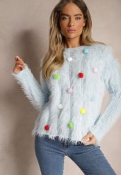 Jasnoniebieski Sweter z Dodatkiem Wełny z Alpaki i Kolorowymi Pomponami Felinora. Niebieskie swetry Renee, bez wzorów, z wełny, casualowe, bez ramiączek. W wyprzedaży za 87.99 zł.