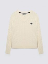 Sweter damski ze splotem warkoczowym z dekoltem v-neck biały Nisa 100. Białe swetry BIG STAR, l, bez wzorów, z bawełny, klasyczne, bez ramiączek. Za 199.99 zł.