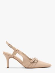 Czółenka slingback z dekoracyjnymi paskami OFELIA. Brązowe czółenka Ryłko, bez wzorów, z gumy, bez obcasa, na szpilce, bez zapięcia. Za 429.99 zł.