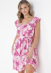 Różowa Sukienka z Wiskozy w Kwiaty Fannio. Czerwone sukienki Born2be, l, bez wzorów, z materiału, bez kołnierzyka, bez ramiączek, mini. Za 79.99 zł.