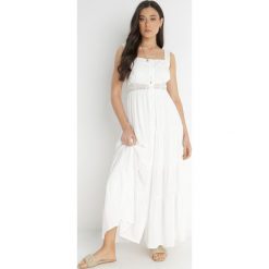 Biała Sukienka Fahiza. Białe sukienki Born2be, m, w ażurowe wzory, z tkaniny, boho, bez kołnierzyka, bez ramiączek, maxi. W wyprzedaży za 97.49 zł.