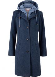 Płaszcz zimowy z materiału w optyce wełny, z efektem 2 w 1. Niebieskie płaszcze bonprix, na zimę, bez wzorów, z wełny, bez kaptura. Za 279.99 zł.