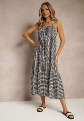 Czarna Sukienka z Bawełny Ozdobiona Geometrycznym Motywem Nilavionea. Czarne sukienki Renee, na spotkanie biznesowe, l, z aplikacjami, z bawełny, eleganckie, bez kołnierzyka, bez ramiączek, midi. W wyprzedaży za 43.99 zł.