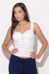 Dopasowana Bluzka na Szelkach - Ecru. Czarne bluzki Katrus, xl, bez wzorów, z elastanu, bez kołnierzyka, bez ramiączek. Za 149.00 zł.
