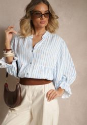 Niebieska Koszula z Bawełny z Dekoltem w Serek Zdobiona Kwiatowym Wzorem Mailisse. Niebieskie koszule Renee, z aplikacjami, z bawełny, eleganckie, bez kołnierzyka, bez ramiączek. W wyprzedaży za 99.99 zł.