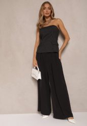 Czarne Spodnie Garniturowe o Szerokim Kroju High Waist Ozdobione Paskiem Halanilia. Czarne jeansy Renee, m, bez wzorów, z jeansu, eleganckie, z podwyższonym stanem. W wyprzedaży za 111.99 zł.