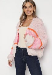 Różowy Niezapinany Kardigan z Domieszką Wełny w Paski Argulia. Czerwone swetry Born2be, uniwersalny, bez wzorów, z jeansu, eleganckie, bez ramiączek. Za 139.99 zł.