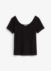 T-shirt z głębokim dekoltem z tyłu. Czarne t-shirty bonprix, bez wzorów, bez kołnierzyka, bez ramiączek. Za 59.99 zł.