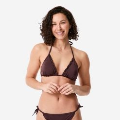 Góra kostiumu kąpielowego damska Decathlon Mae Cancan. Brązowe bikini Decathlon, bez wzorów, z elastanu, sportowe. Za 44.99 zł.
