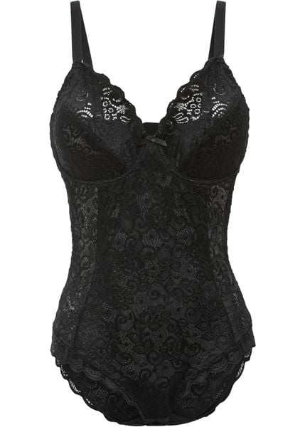 Body z eleganckiej koronki. Czarne body i gorsety bonprix, bez wzorów, z koronki, bez ramiączek. Za 122.99 zł.