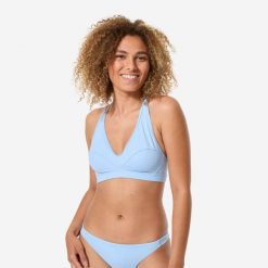 Góra kostiumu kąpielowego surfingowego damska Decathlon Ana duże rozmiary. Niebieskie bikini Decathlon, bez wzorów, z elastanu, sportowe. Za 89.99 zł.