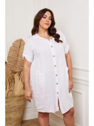 Plus Size Company Lniana sukienka "Claudine" w kolorze białym rozmiar: 50. Białe sukienki Plus Size Company, plus size, bez wzorów, ze lnu, klasyczne, bez kołnierzyka, plus size, bez ramiączek, mini. Za 107.97 zł.