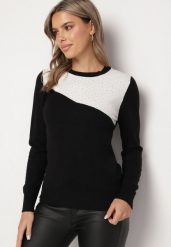 Czarno-Biały Sweter z Modalem Wiskozą i Ozdobnymi Cyrkoniami Seavindra. Czarne swetry Born2be, m, bez wzorów, z jeansu, eleganckie, bez ramiączek. W wyprzedaży za 67.99 zł.