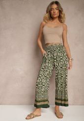 Zielone Szerokie Spodnie Culottes z Bawełny w Ornamentalny Print Lisanella. Zielone jeansy Renee, bez wzorów, z bawełny, eleganckie. W wyprzedaży za 20.99 zł.