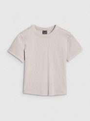 4F T-shirt slim z prążkowanej dzianiny damski - beżowy XL. Brązowe t-shirty 4f, xl, bez wzorów, z bawełny, klasyczne, bez kołnierzyka, bez ramiączek. W wyprzedaży za 49.99 zł.