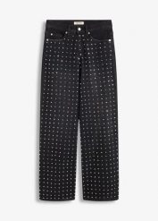 Jeansy z szerokimi nogawkami, mid waist, z aplikacją z kryształków. Czarne jeansy bonprix, z aplikacjami, z jeansu. Za 199.99 zł.
