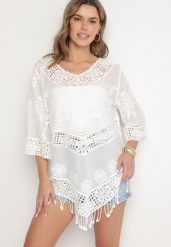 Biała Bawełniana Bluzka Oversize w Stylu Boho z Haftem i Koroną Maivienne. Białe bluzki Born2be, bez wzorów, z bawełny, boho, bez kołnierzyka, bez ramiączek. W wyprzedaży za 63.74 zł.
