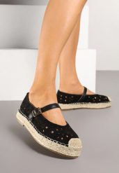 Czarne Ażurowe Espadryle na Płaskiej Podeszwie z Plecionką Aravithra. Czarne espadryle Born2be, w ażurowe wzory, z jeansu, eleganckie, bez obcasa, na płaskiej podeszwie. W wyprzedaży za 80.74 zł.