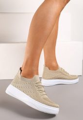 Beżowe Tenisówki z Elastyczną Cholewką Oplineria. Brązowe trampki Born2be, bez wzorów, sportowe, bez zapięcia. Za 89.99 zł.