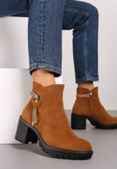 Brązowe Botki na Obcasie z Ozdobnym Cyrkoniowym Sznureczkiem Leresta. Brązowe botki Renee, bez wzorów, z jeansu, eleganckie, bez obcasa, na obcasie, bez zapięcia. Za 124.99 zł.
