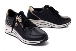 RIEKER REMONTE D0T03-01 black combination, półbuty damskie. Czarne półbuty wsuwane Rieker Remonte, bez wzorów, ze skóry, bez obcasa, na koturnie. Za 209.95 zł.