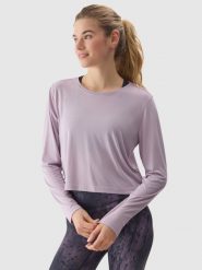 4F Longsleeve crop-top do jogi z dodatkiem modalu damski - fioletowy S. Fioletowe topy 4f, s, bez wzorów, z dzianiny, bez kołnierzyka, bez ramiączek. W wyprzedaży za 29.99 zł.
