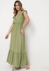 Zielona Bawełniana Sukienka Maxi z Kopertową Górą Rozkloszowana Xaliara. Zielone sukienki Born2be, l, bez wzorów, z bawełny, bez kołnierzyka, bez ramiączek, maxi, kopertowe. Za 79.99 zł.