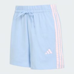 Szorty Essentials 3-Stripes Cotton. Niebieskie szorty sportowe adidas, bez wzorów, z bawełny, z standardowym stanem, na fitness i siłownię. Za 129.00 zł.