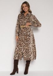 Brązowa Sukienka Koszulowa z Wiskozą Zdobiona Paskiem i Wzorem w Węża Delane. Brązowe sukienki Born2be, do pracy, l, z aplikacjami, z materiału, biznesowe, bez kołnierzyka, bez ramiączek, midi, koszulowe. Za 129.99 zł.