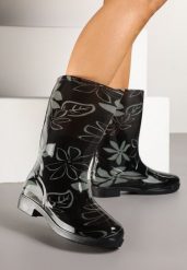 Czarno-Zielone Kalosze z Minimalistycznym Wzorem w Kwiaty Harivan. Czarne kalosze Renee, bez wzorów, z dresówki, bez zapięcia. Za 59.99 zł.