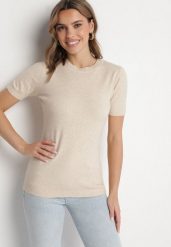 Beżowy Sweter z Ozdobnymi Ściągaczami Sanarella. Brązowe swetry Born2be, uniwersalny, z aplikacjami, z jeansu, eleganckie, bez ramiączek. W wyprzedaży za 46.74 zł.