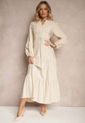 Jasnobeżowa Rozkloszowana Sukienka z Wiskozy w Stylu Boho z Koronką i Gumką Gonalien. Brązowe sukienki Renee, na co dzień, l, bez wzorów, z koronki, boho, bez kołnierzyka, bez ramiączek, maxi, rozkloszowane. W wyprzedaży za 111.99 zł.