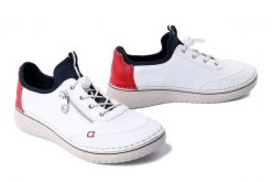 RIEKER 50962-80 white, półbuty damskie. Białe półbuty wsuwane Rieker, bez wzorów, z gumy, bez obcasa. Za 297.42 zł.