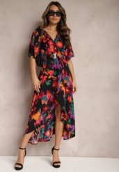 Czarno-Pomarańczowa Asymetryczna Sukienka z Gumką w Pasie i Kopertowym Dekoltem Perlana. Czarne sukienki Renee, na imprezę, l, bez wzorów, eleganckie, z asymetrycznym kołnierzem, bez ramiączek, midi, asymetryczne. W wyprzedaży za 63.99 zł.