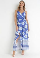 Niebieska Sukienka Maxi na Cienkich Ramiączkach i Materiałowym Paskiem Adakila. Niebieskie sukienki Born2be, l, bez wzorów, z materiału, eleganckie, bez kołnierzyka, bez ramiączek, maxi. Za 99.99 zł.
