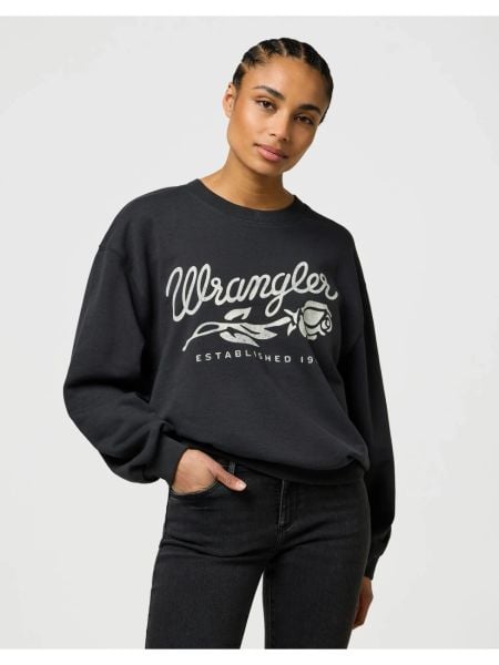 DAMSKA BLUZA WRANGLER OVERSIZED SWEAT FADED BLACK 112370826. Czarne bluzy Wrangler, l, bez wzorów, bez ramiączek, bez kaptura. Za 169.99 zł.